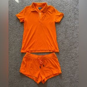VILEBREQUIN matching set small orange short sleeve shirt shorts terrycloth pool